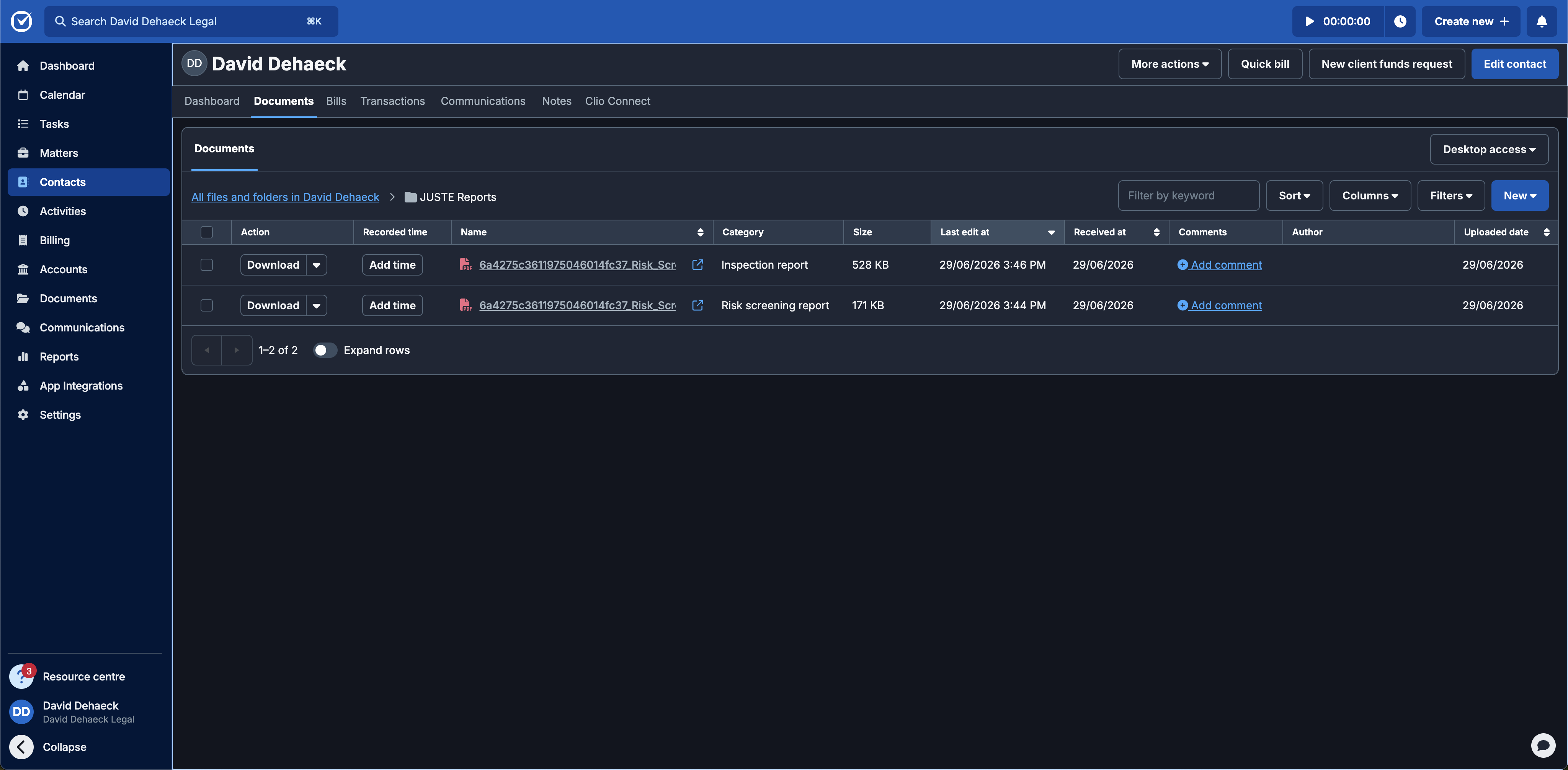 A Clio contact record showing the JUSTE risk screening report and inspection report returned to the matter documents